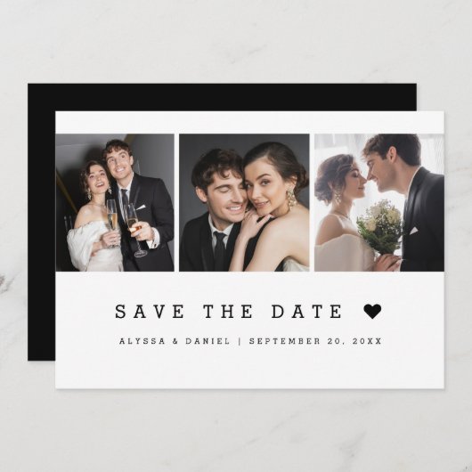 Save The Date Noir Blanc Simple coeur Moderne 3 Mariage photo (Devant / Derrière)