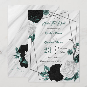 Save The Date noir blanc turquoise floral argent marbre géométri