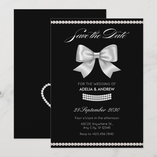 Save The Date Noir doux nœud perle mariage (Devant / Derrière)