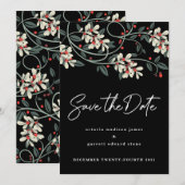 Save The Date Noir Écriture Moderne Fleurs Blanches Hiver (Devant / Derrière)