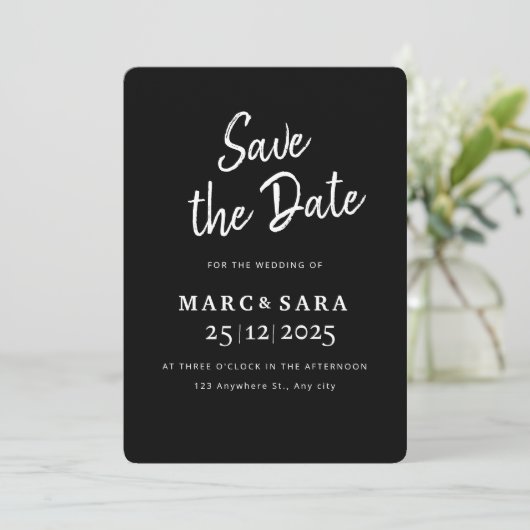 Save The Date Noir Éditables Enregistrer la Date, Moderne Minima (Debout devant)