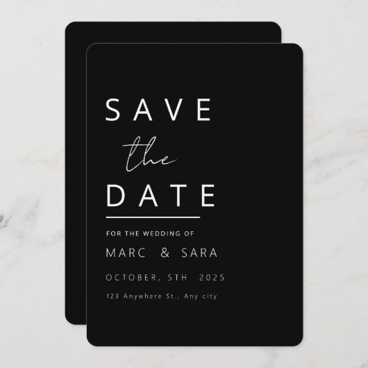 Save The Date Noir Enregistrer la Date Modifiable, Moderne Minim (Devant / Derrière)