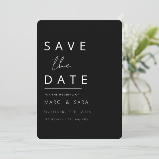 Save The Date Noir Enregistrer la date modifiable, Moderne Minim (Debout devant)