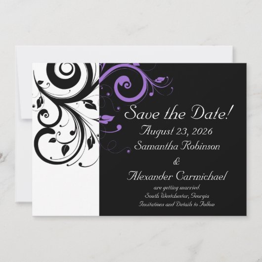 Save The Date Noir et Blanc avec Accent de Tourbillon Violet (Devant)