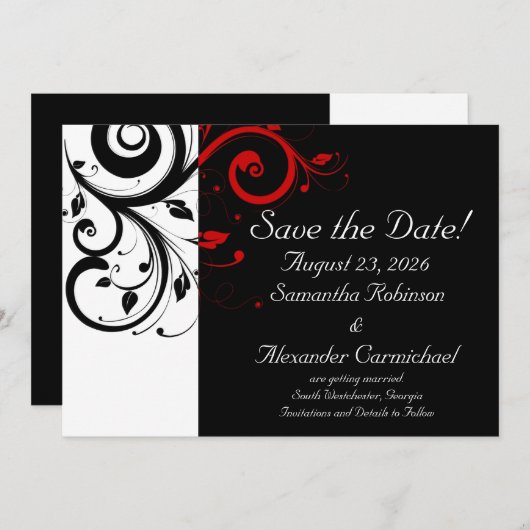 Save The Date Noir et Blanc avec Tourbillon Rouge Inversé (Devant / Derrière)