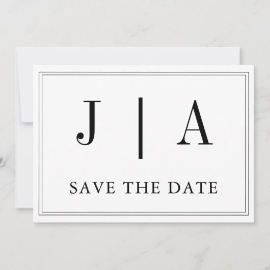 Save The Date Noir Et Blanc Monogramme Couple Nom Moderne Simple (Devant)