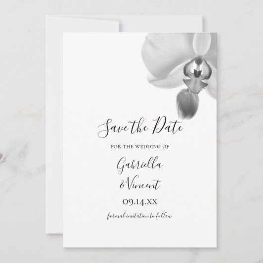 Save The Date Noir et Blanc Orchidées mariage Enregistrer la dat (Devant)