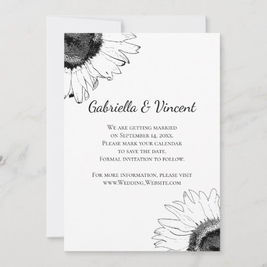 Save The Date Noir et Blanc Sunflower Mariage Enregistrer la dat (Devant)