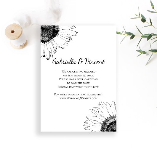 Save The Date Noir et Blanc Sunflower Mariage Enregistrer la dat