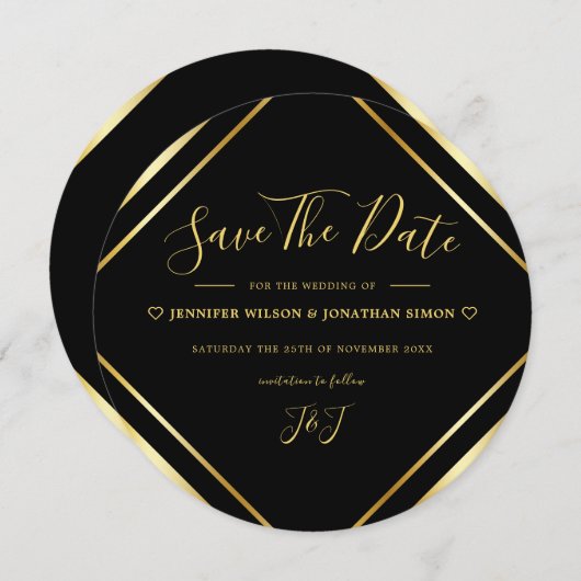 Save The Date Noir et Or Elégant Simple Round Moderne (Devant / Derrière)