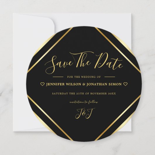 Save The Date Noir et Or Elégant Simple Round Moderne (Devant)