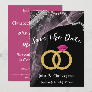 Save The Date Noir et rose avec anneaux de mariage et argent