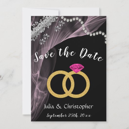 Save The Date Noir et rose avec anneaux Mariages et argent (Devant)