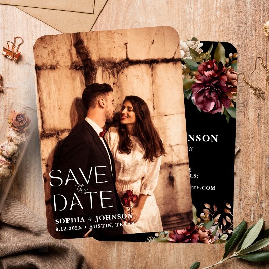 Save The Date Noir foncé rustique couple floral photo mariage