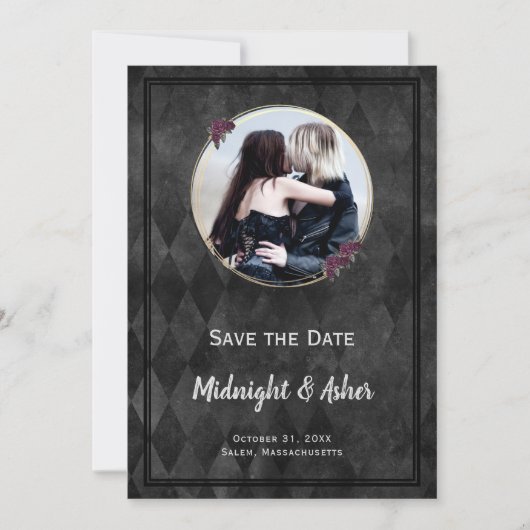 Save The Date Noir gothique Enregistrer la date Cercle or Rose (Devant)
