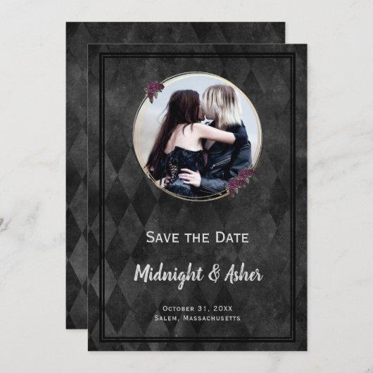 Save The Date Noir gothique Enregistrer la date Cercle or Rose (Devant / Derrière)