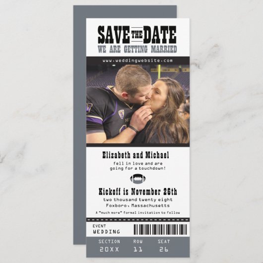 Save The Date Noir Gris Mariage Enregistrer le billet de footbal (Devant / Derrière)