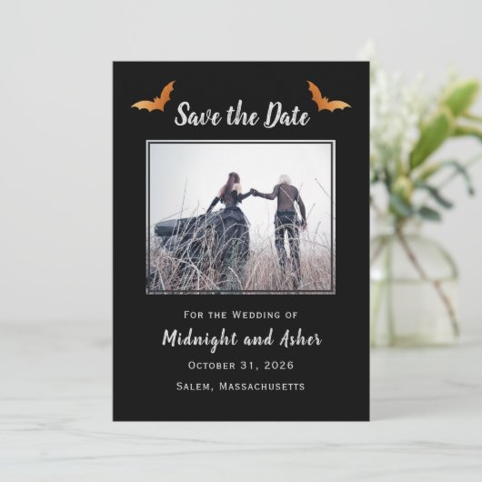 Save The Date Noir Halloween Mariage Gothique Enregistrer La Dat (Debout devant)