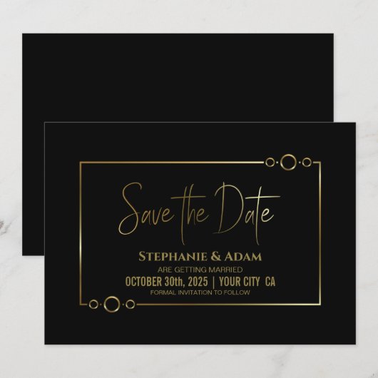 Save The Date Noir moderne avec cadre or Mariage Enregistrer la  (Devant / Derrière)
