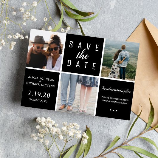 Save The Date Noir moderne blanc simple 3 photo collage mariage