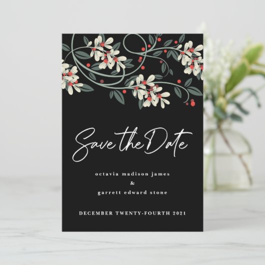Save The Date Noir moderne Script Flores blanches hiver (Debout devant)