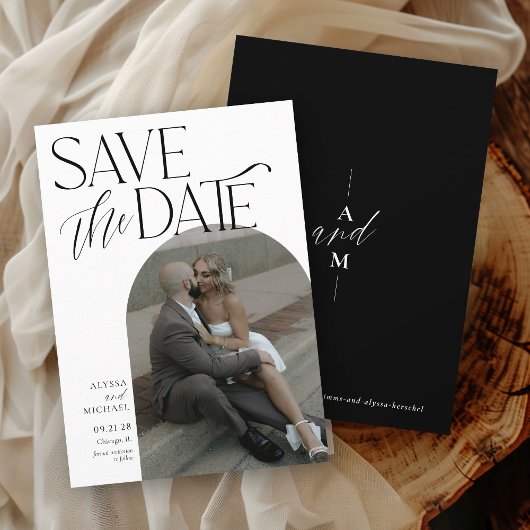 Save The Date Noir moderne simple Arc Photo Mariage élégant
