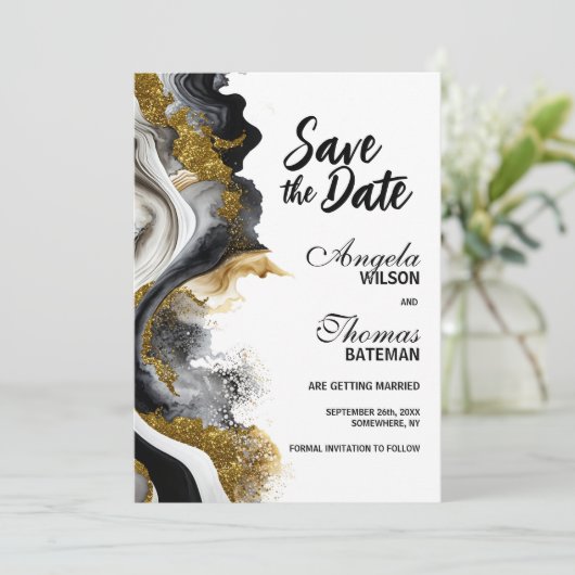 Save The Date Noir Or Agate Marbre Mariage Enregistrer la date (Debout devant)