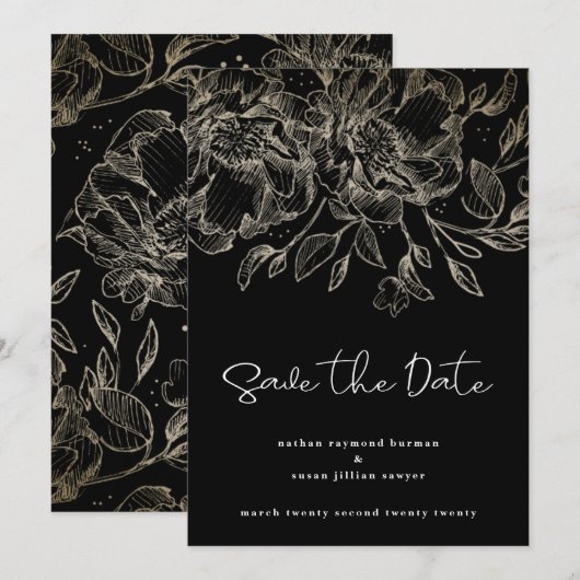 Save The Date noir orfèvres d'or en écriture moderne (Devant / Derrière)