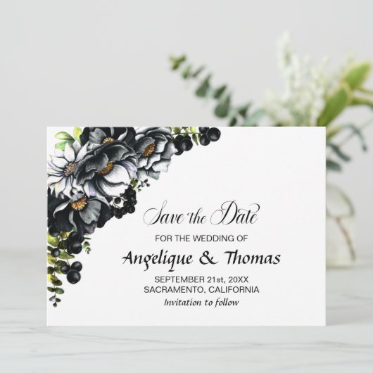 Save The Date Noir Rustique Mariage Floral Enregistrer La Date (Debout devant)