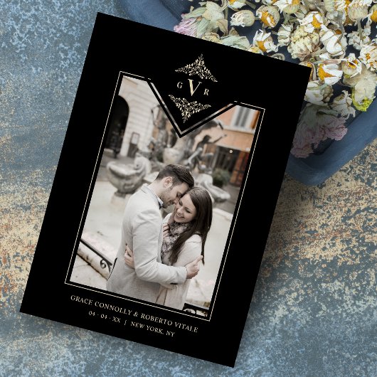 Save The Date Noir Sophistiqué Flourish Chic Golden Initiales