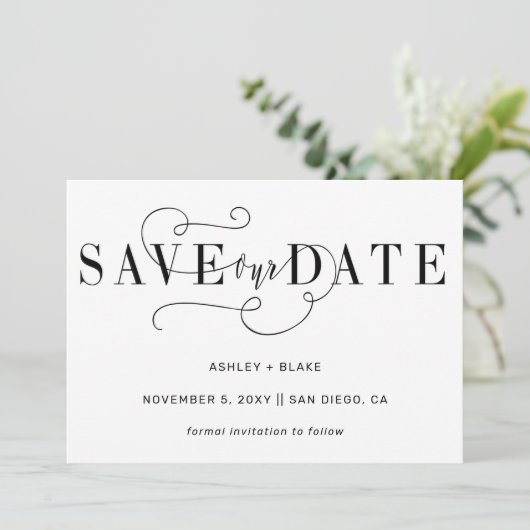 Save The Date Noir Stylé Simple Calligraphie manuscrite (Debout devant)