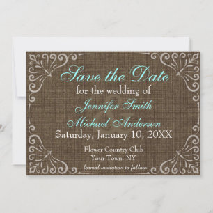 Save The Date Nom complet Vintage Rustic Burlap Bleu Enregistrer