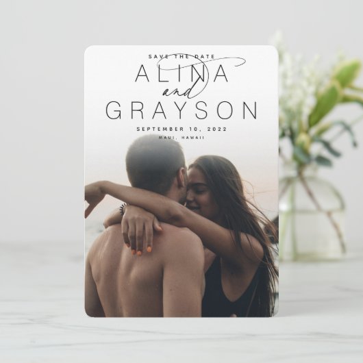 Save The Date Nom du marqueur | Photo verticale moderne (Debout devant)