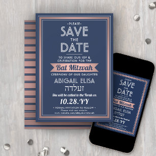 Save The Date Nom hébreu Bat Mitzvah Navy Blue Rose Gold Rose