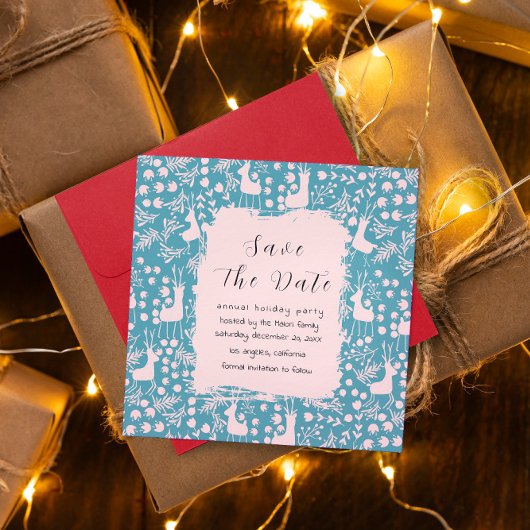Save The Date Nordic Reindeer Floral | Blush on Teal Christmas