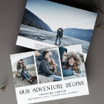 Save The Date Notre aventure commence | Multi Photo Enregistrer<br><div class="desc">Un rustique enregistrer le carte photo de date pour le couple extérieur et aventureux, conçu pour accueillir trois de vos photos fiançailles préférées alignées côte à côte, avec une photo de fond supplémentaire au dos. "Our Adventure Begins" apparaît en noir le long du bas, avec vos noms, date du mariage...</div>