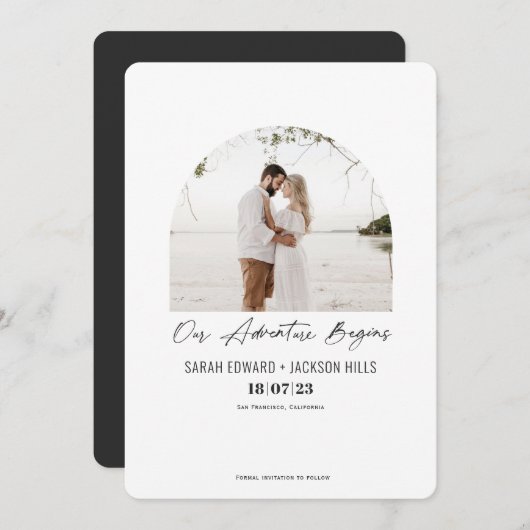 Save The Date Notre aventure commence, Simple photo d'arc modern (Devant / Derrière)