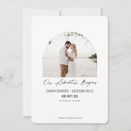 Save The Date Notre aventure commence, Simple photo d'arc modern (Devant)