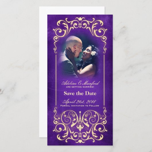 Save The Date Nouveau Victorian : Gold & Eggplant Enregistrer la (Devant / Derrière)