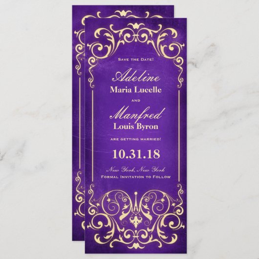 Save The Date Nouveau Victorian : Gold & Eggplant Enregistrer la (Devant / Derrière)