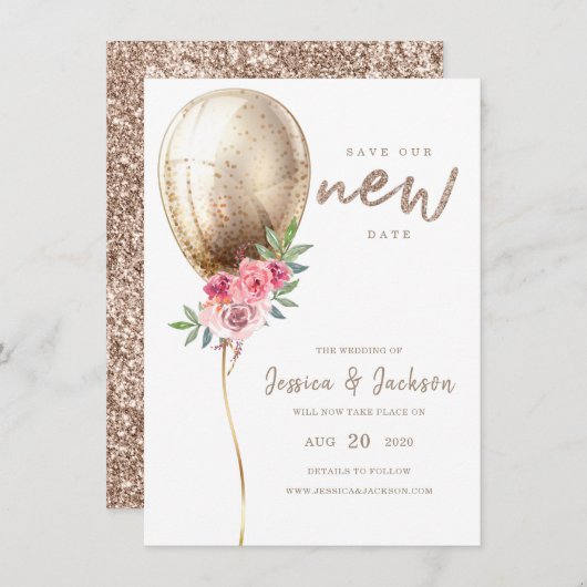 Save The Date Nouvelle Date Mariage Postponction Balloon beige (Devant / Derrière)