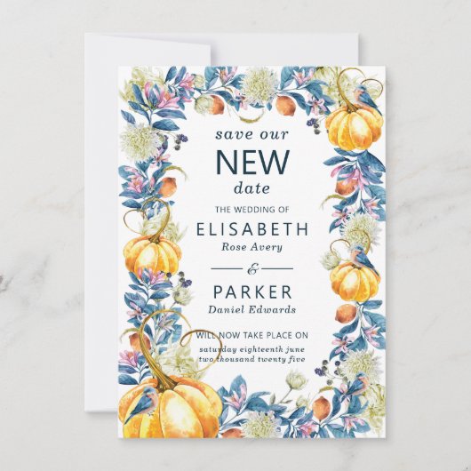 Save The Date Nouvelle date Mariage report Citrouille d'automne (Devant)