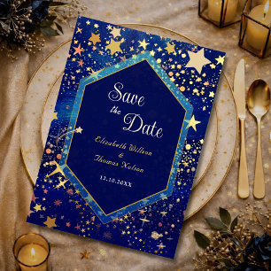 Save The Date Nuit céleste magique étoilée or bleu mariage