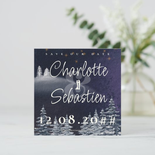 Save The Date Nuit d'hiver & Pine Tree Moderne Aquarelle Mariage (Debout devant)