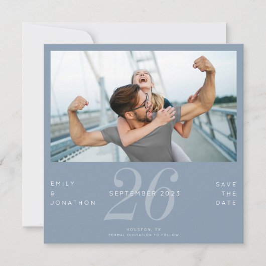 Save The Date Numéro Moderne Date Photo Dusty Blue Enregistrer L (Devant)