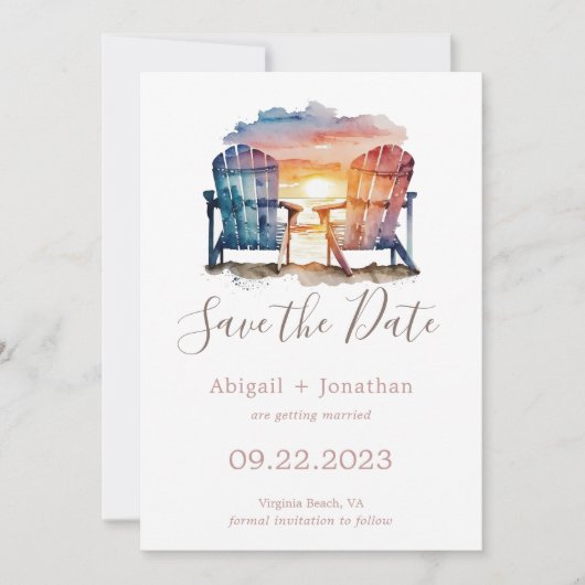 Save The Date Ocean Sunset Photo Chaises de plage Mariage (Devant)
