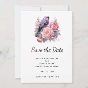 Save The Date Oiseau chanteur perché sur des pivoines roses mari