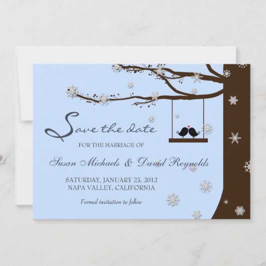 Save The Date Oiseaux Amoureux Flocon Chêne Hiver Épargne la Dat (Devant)