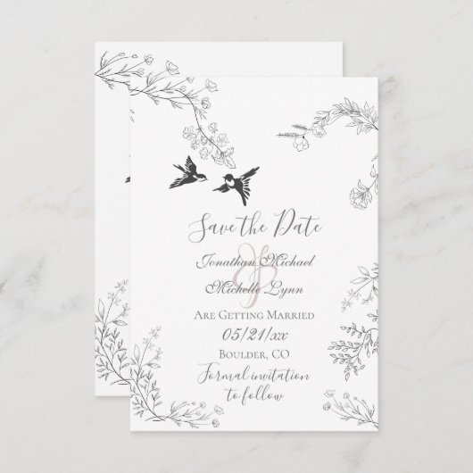 Save The Date Oiseaux et Branches Joli jardin fleuri Mariage (Devant / Derrière)