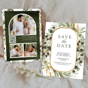 Save The Date Olive Feuille Photo Collage QR Code Mariage